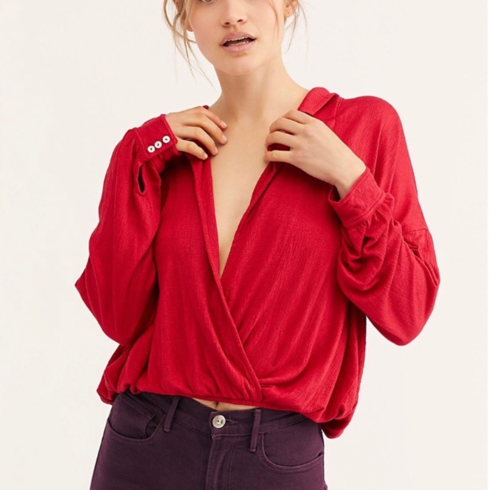 FREE PEOPLE Beach Keepin Classy Long Sleeve Red XS Deep V